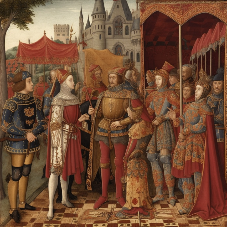 Illustration demonstrating the fashion of the knights & ladies in the court during the Middle Ages.